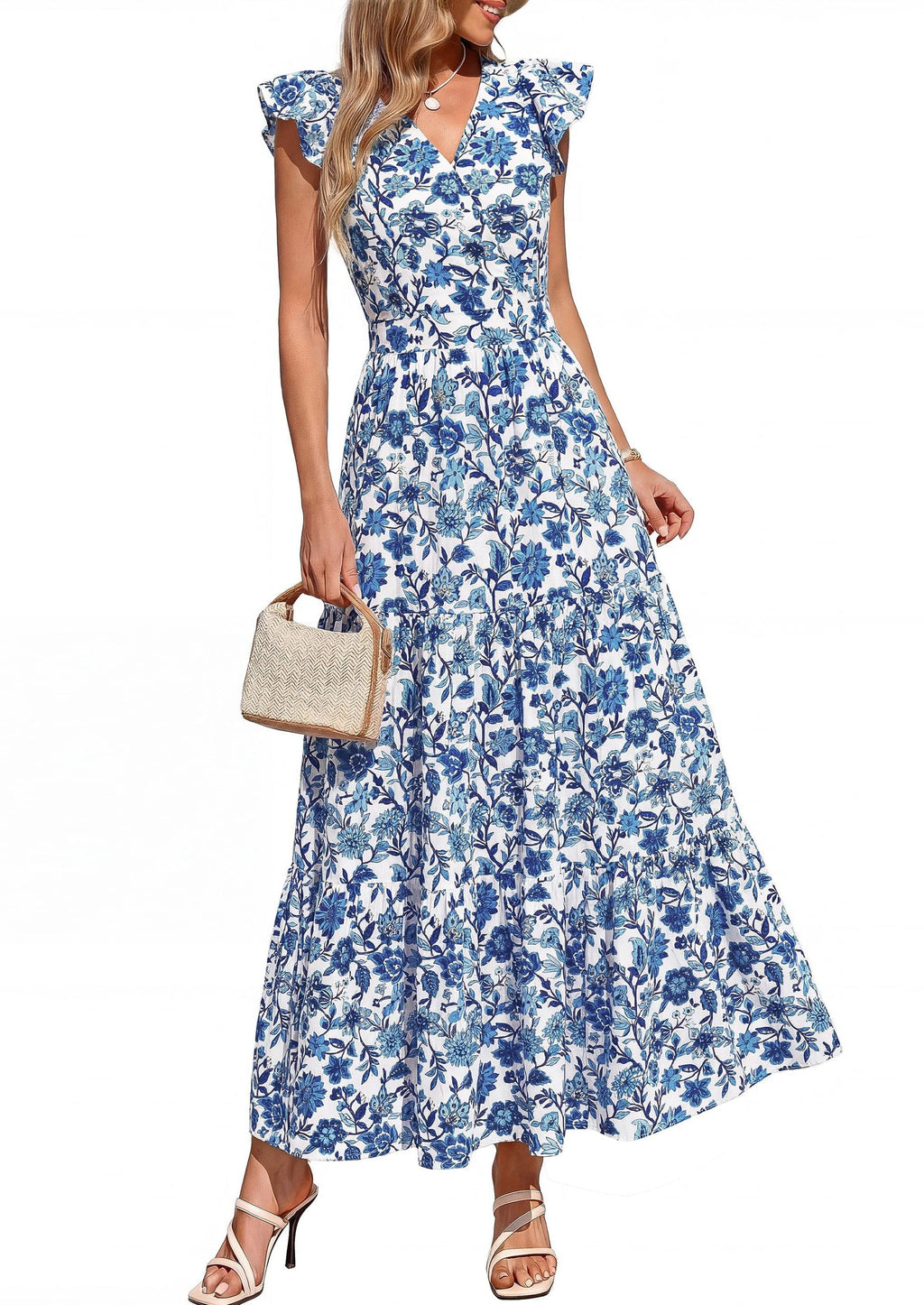 PRETTYGARDEN Womens Summer Maxi Dresses Casual V Neck Ruffle Sleeve Wrap V Neck Floral A Line Flowy Beach Boho Dress