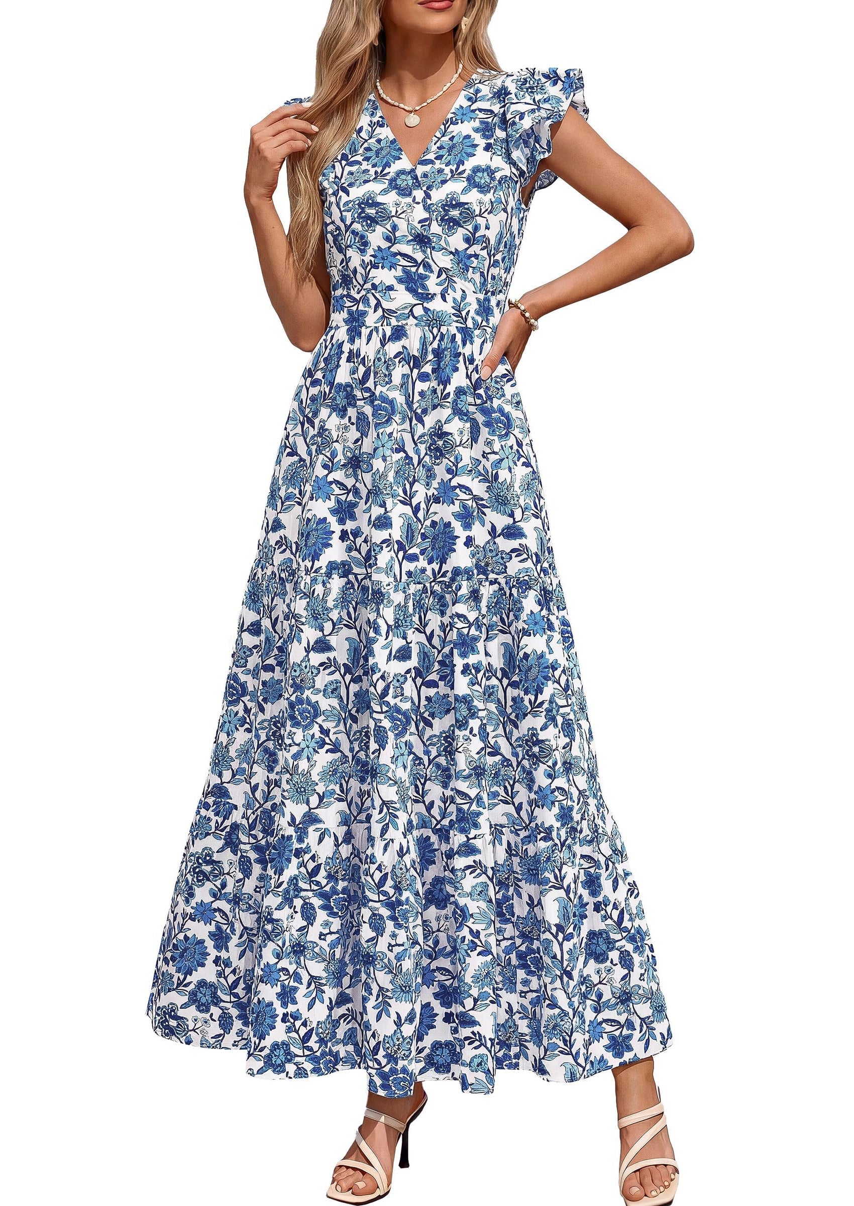 PRETTYGARDEN Womens Summer Maxi Dresses Casual V Neck Ruffle Sleeve Wrap V Neck Floral A Line Flowy Beach Boho Dress