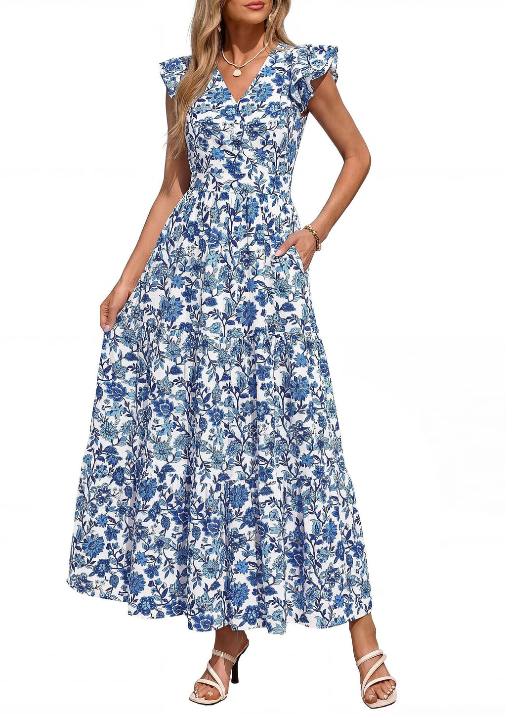 PRETTYGARDEN Womens Summer Maxi Dresses Casual V Neck Ruffle Sleeve Wrap V Neck Floral A Line Flowy Beach Boho Dress