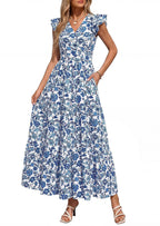 PRETTYGARDEN Womens Summer Maxi Dresses Casual V Neck Ruffle Sleeve Wrap V Neck Floral A Line Flowy Beach Boho Dress