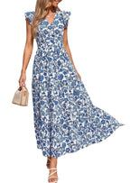 PRETTYGARDEN Womens Summer Maxi Dresses Casual V Neck Ruffle Sleeve Wrap V Neck Floral A Line Flowy Beach Boho Dress