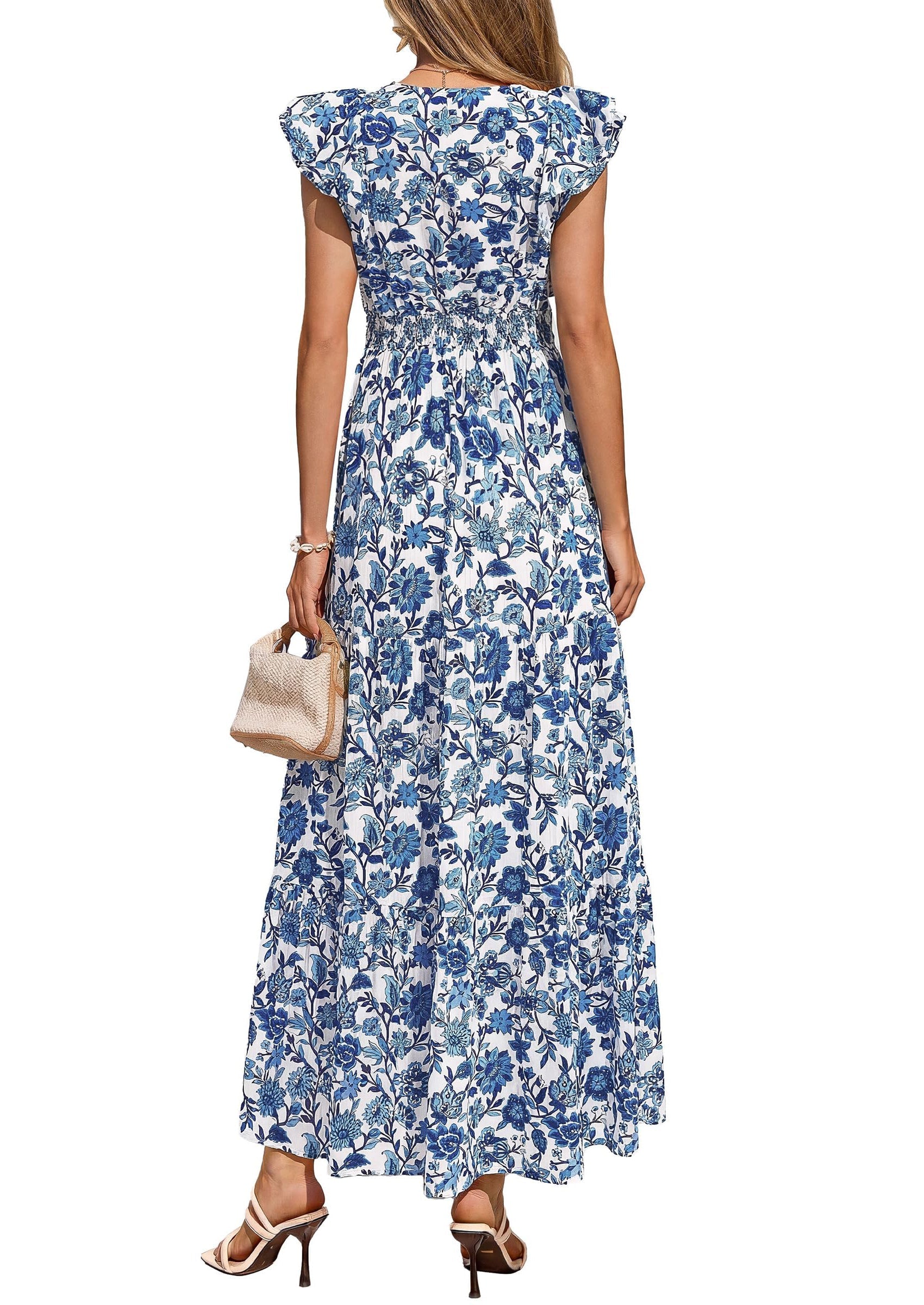 PRETTYGARDEN Womens Summer Maxi Dresses Casual V Neck Ruffle Sleeve Wrap V Neck Floral A Line Flowy Beach Boho Dress
