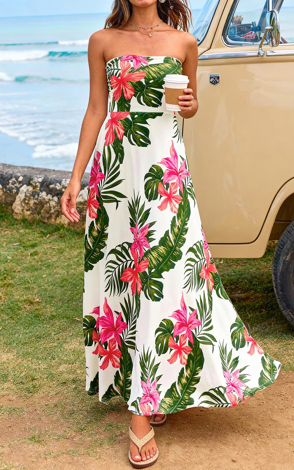 PRETTYGARDEN Sleeveless Floral Summer Maxi Dresses for Women Tube Top Flowy Long Dress Tropical Beach Vacation Clothes
