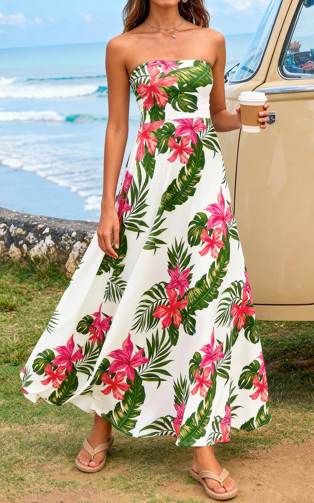 PRETTYGARDEN Sleeveless Floral Summer Maxi Dresses for Women Tube Top Flowy Long Dress Tropical Beach Vacation Clothes