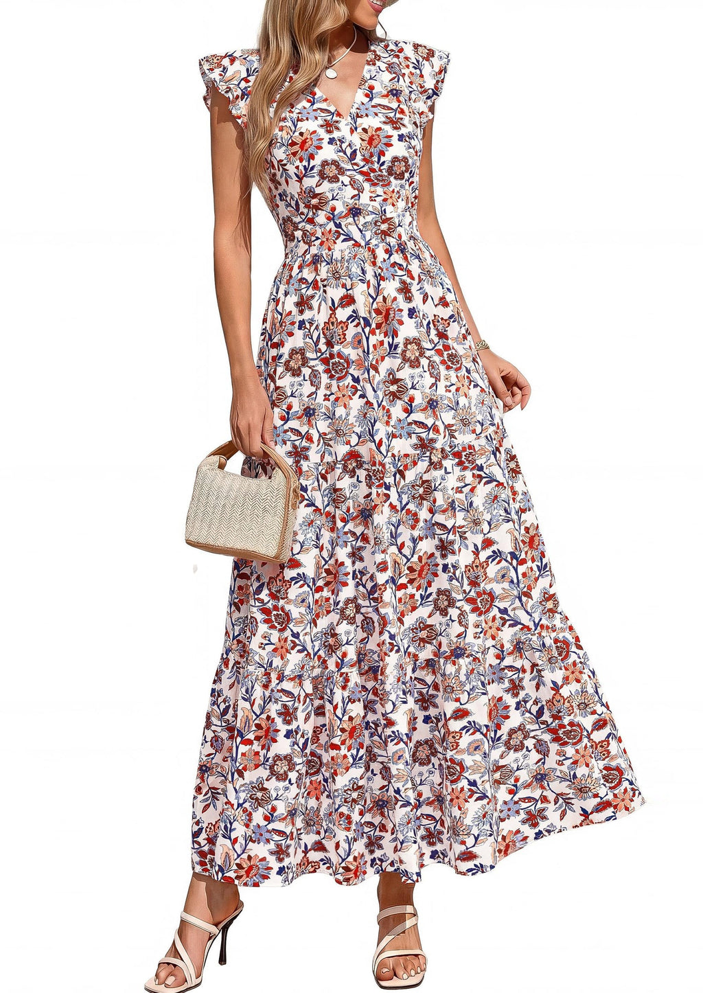 PRETTYGARDEN Womens Summer Maxi Dresses Casual V Neck Ruffle Sleeve Wrap V Neck Floral A Line Flowy Beach Boho Dress