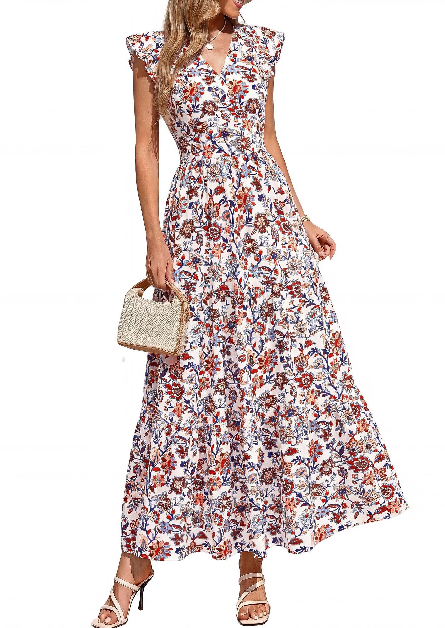 PRETTYGARDEN Womens Summer Maxi Dresses Casual V Neck Ruffle Sleeve Wrap V Neck Floral A Line Flowy Beach Boho Dress