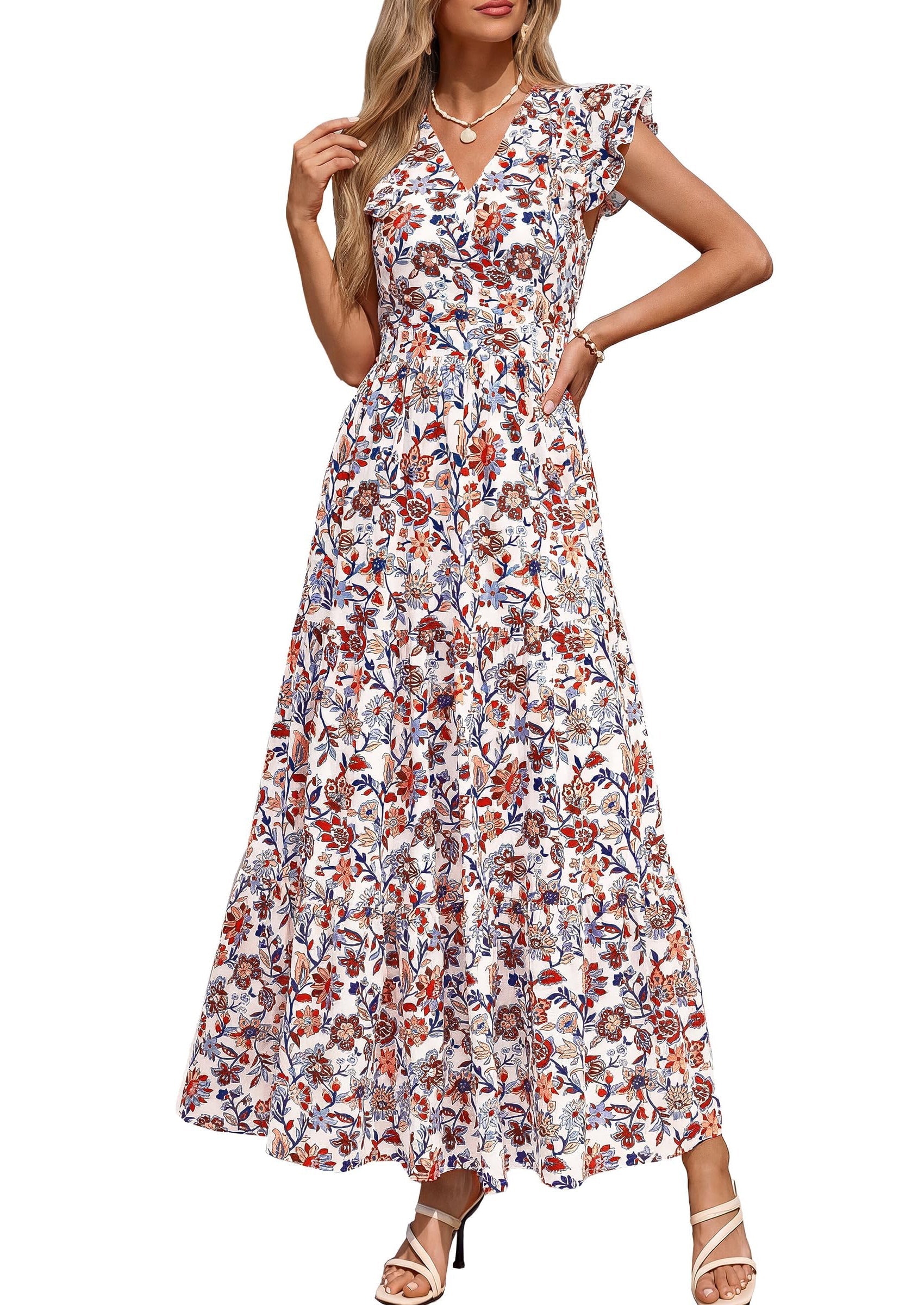 PRETTYGARDEN Womens Summer Maxi Dresses Casual V Neck Ruffle Sleeve Wrap V Neck Floral A Line Flowy Beach Boho Dress