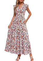 PRETTYGARDEN Womens Summer Maxi Dresses Casual V Neck Ruffle Sleeve Wrap V Neck Floral A Line Flowy Beach Boho Dress