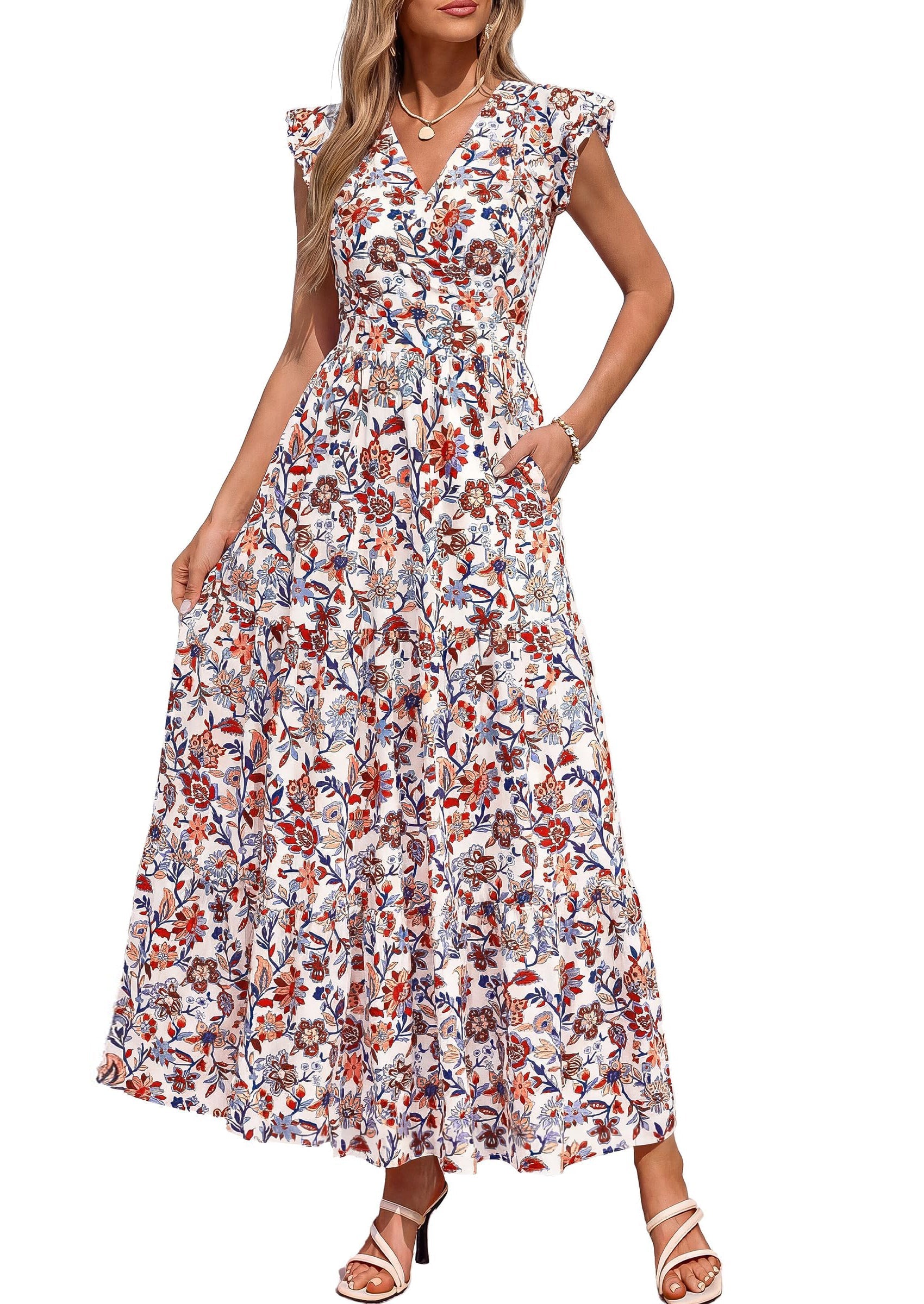 PRETTYGARDEN Womens Summer Maxi Dresses Casual V Neck Ruffle Sleeve Wrap V Neck Floral A Line Flowy Beach Boho Dress