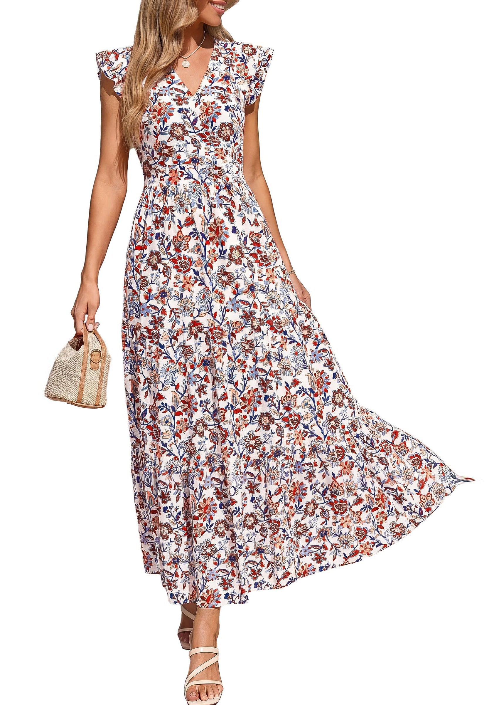 PRETTYGARDEN Womens Summer Maxi Dresses Casual V Neck Ruffle Sleeve Wrap V Neck Floral A Line Flowy Beach Boho Dress