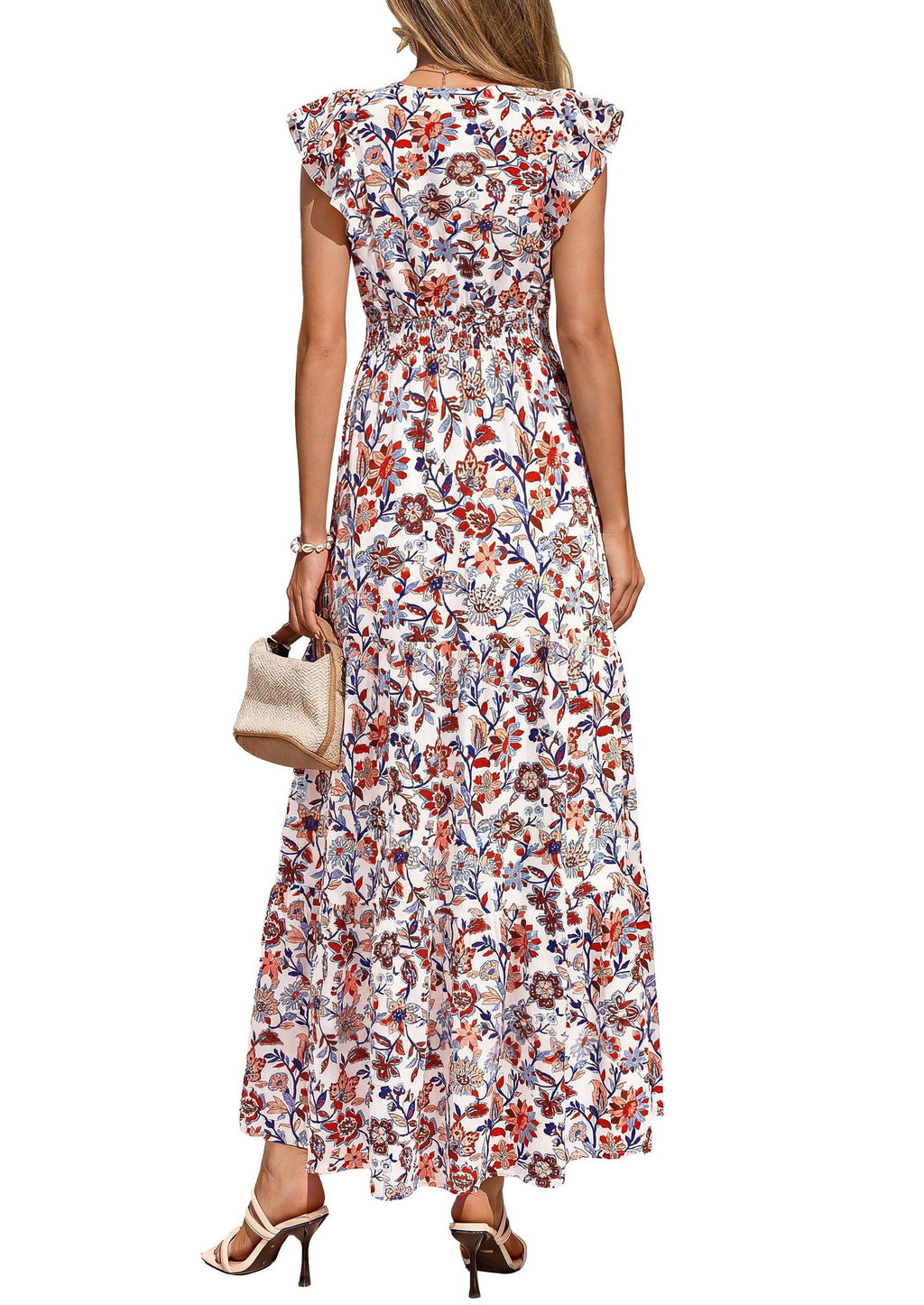 PRETTYGARDEN Womens Summer Maxi Dresses Casual V Neck Ruffle Sleeve Wrap V Neck Floral A Line Flowy Beach Boho Dress