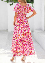 PRETTYGARDEN Women Floral Boho Maxi Dresses Short Sleeve V Neck Smocked A Line Long Flowy Beach Vacation Dress