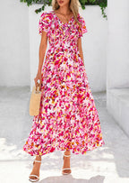 PRETTYGARDEN Women Floral Boho Maxi Dresses Short Sleeve V Neck Smocked A Line Long Flowy Beach Vacation Dress