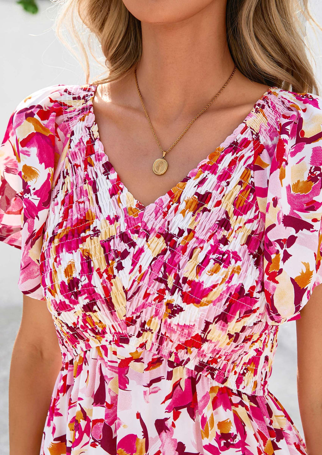 PRETTYGARDEN Women Floral Boho Maxi Dresses Short Sleeve V Neck Smocked A Line Long Flowy Beach Vacation Dress