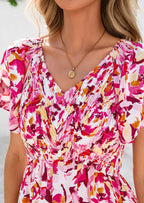PRETTYGARDEN Women Floral Boho Maxi Dresses Short Sleeve V Neck Smocked A Line Long Flowy Beach Vacation Dress