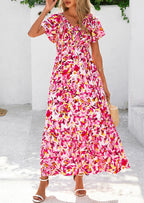 PRETTYGARDEN Women Floral Boho Maxi Dresses Short Sleeve V Neck Smocked A Line Long Flowy Beach Vacation Dress