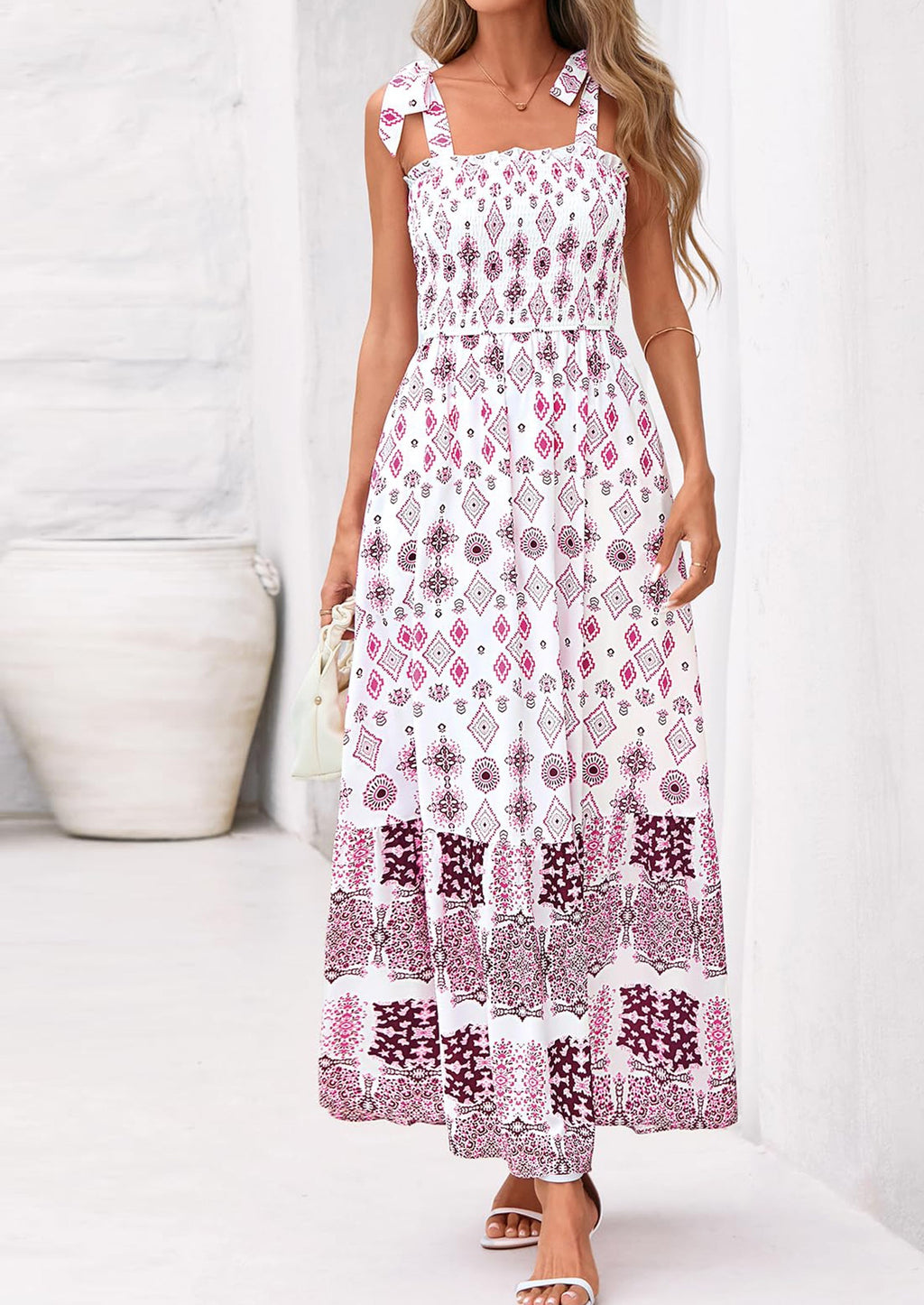 PRETTYGARDEN Women's Summer Maxi Dress Tie Straps Floral Beach Vacation Long Dresses Smocked Boho Sundress with Pockets