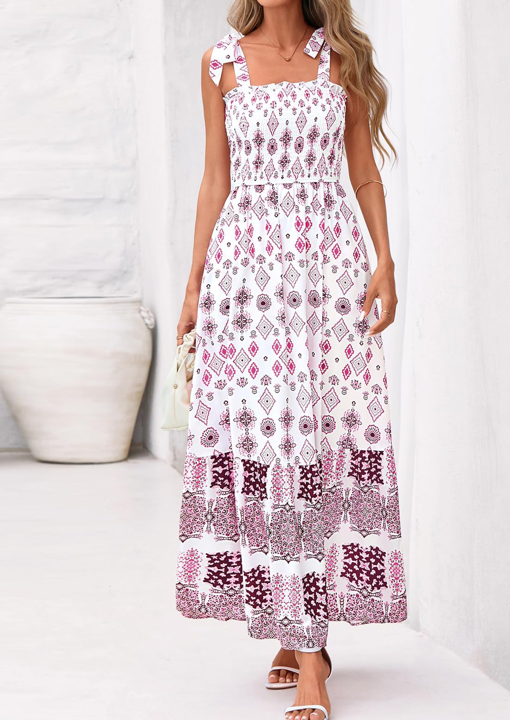 PRETTYGARDEN Women's Summer Maxi Dress Tie Straps Floral Beach Vacation Long Dresses Smocked Boho Sundress with Pockets