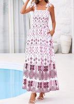 PRETTYGARDEN Women's Summer Maxi Dress Tie Straps Floral Beach Vacation Long Dresses Smocked Boho Sundress with Pockets