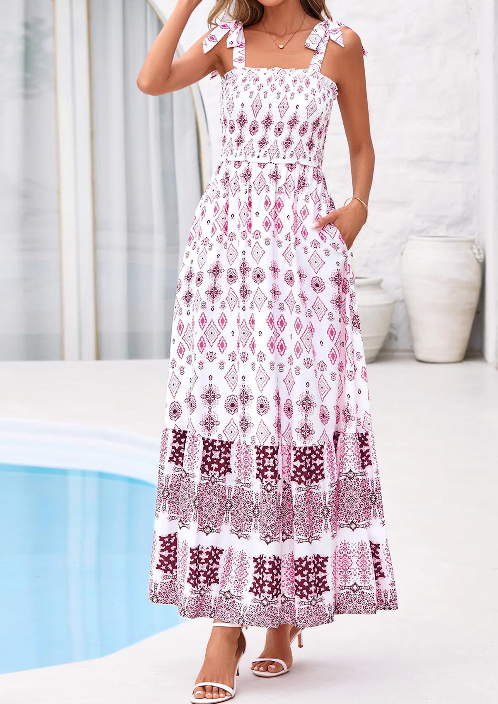 PRETTYGARDEN Women's Summer Maxi Dress Tie Straps Floral Beach Vacation Long Dresses Smocked Boho Sundress with Pockets