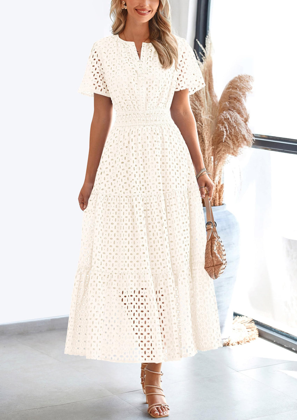 PRETTYGARDEN Womens Maxi Dress Short Sleeve V Neck Hollow Out Eyelet A Line Long Flowy Beach Vacation Dresses