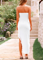 PRETTYGARDEN Womens Summer Strapless Maxi Dresses Ruffle Tube Asymmetrical Party Cocktail Formal Bodycon Long Dress