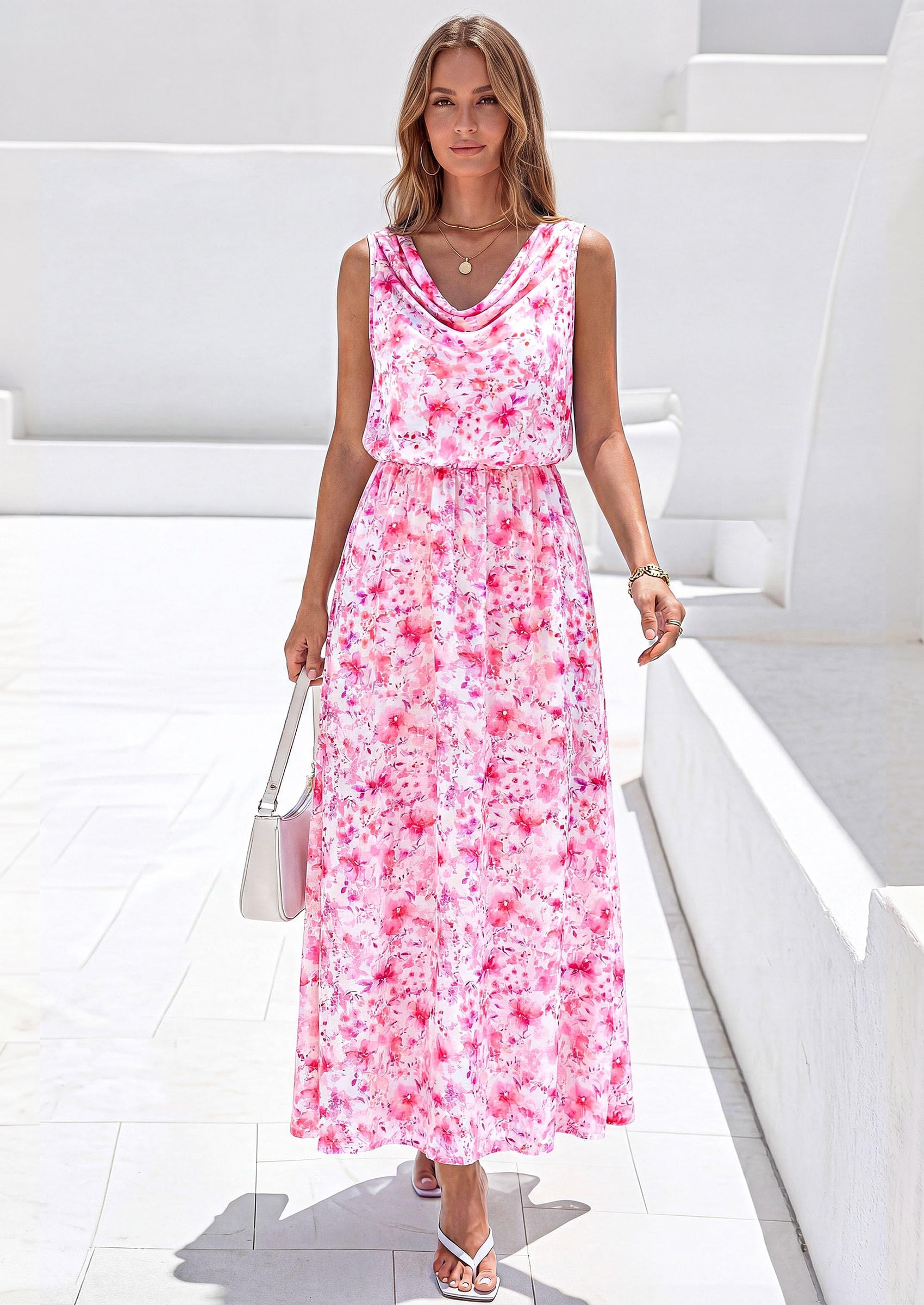 PRETTYGARDEN Womens Summer Floral Maxi Dresses Spring Sleeveless Cowl Neck Flowy Beach Vacation Wedding Guest Long Dress
