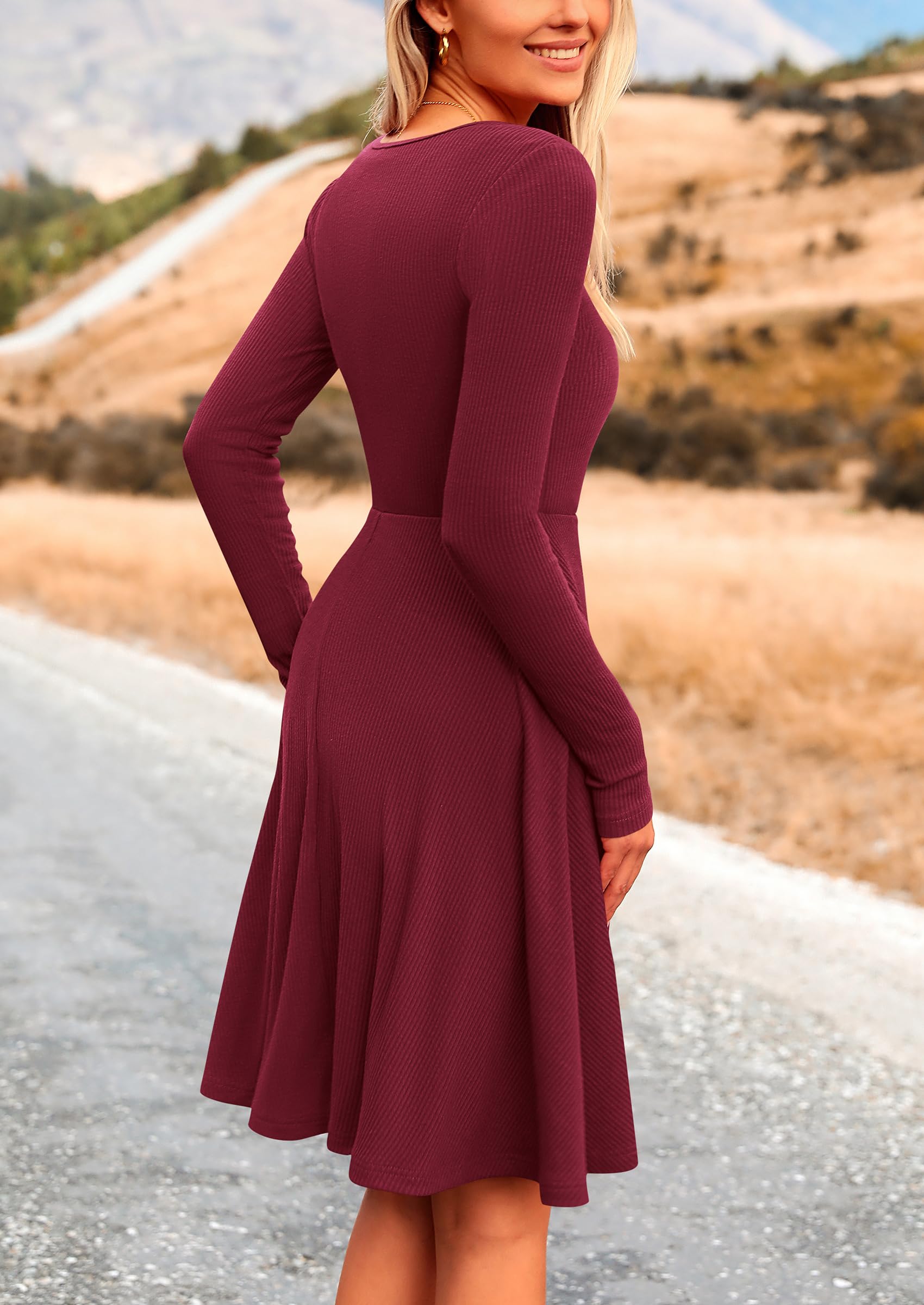 PRETTYGARDEN Women's Spring Fall Short Dress Ribbed Knit Crewneck Long Sleeve A Line Flowy Casual Elegant Going Out Dresses
