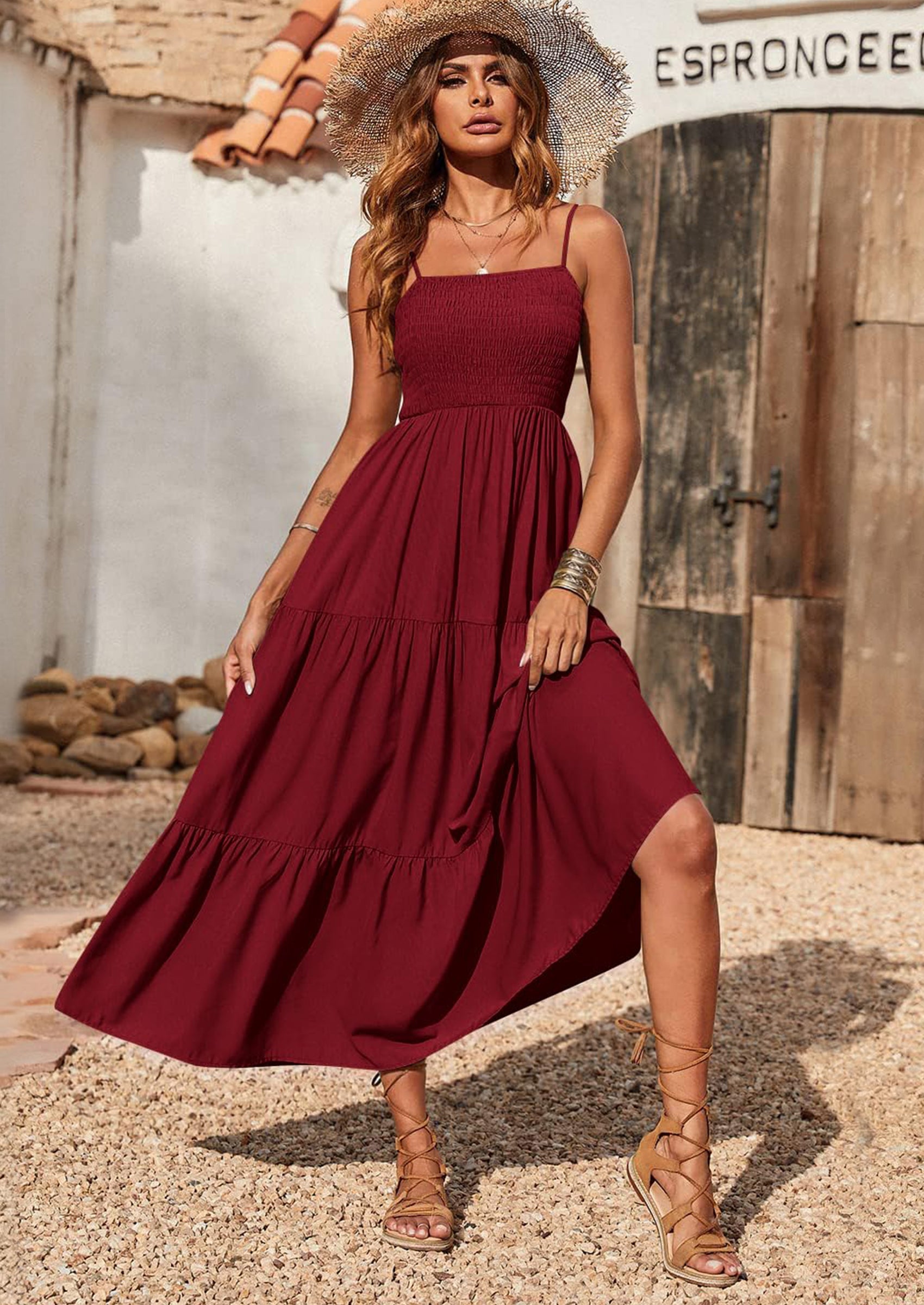 PRETTYGARDEN Women's Summer Maxi Dress Casual Boho Sleeveless Spaghetti Strap Smocked Tiered Long Beach Sundresses