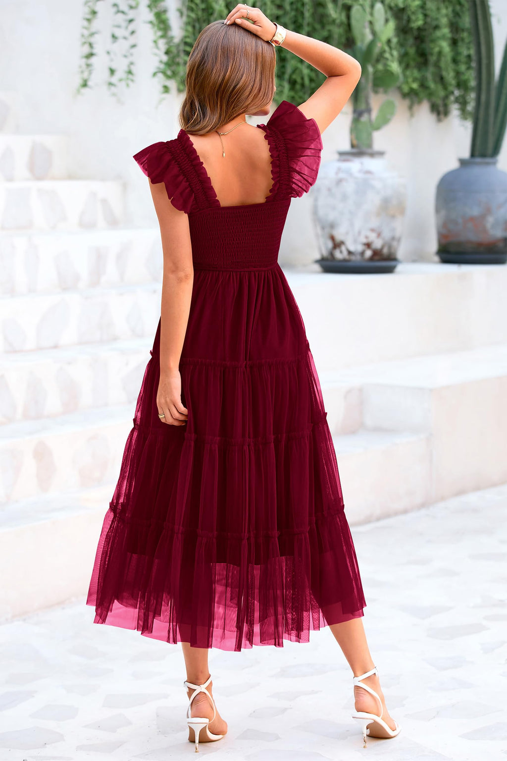 PRETTYGARDEN Women's Tulle Midi Dress Sleeveless Smocked Ruffle Mesh Flowy Dresses Party Wedding Guest Sundress