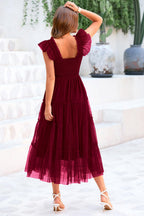 PRETTYGARDEN Women's Tulle Midi Dress Sleeveless Smocked Ruffle Mesh Flowy Dresses Party Wedding Guest Sundress