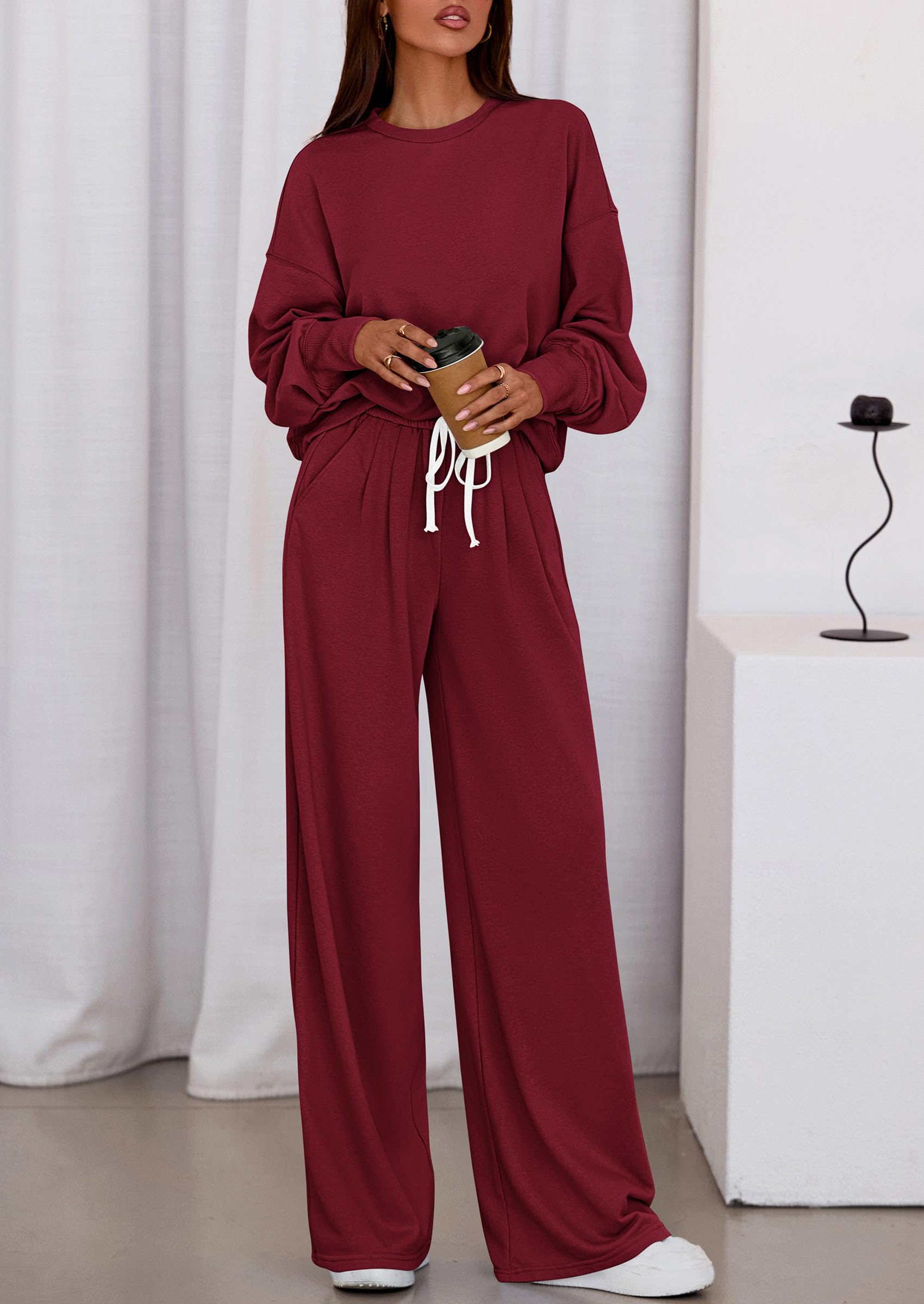 PRETTYGARDEN Womens 2 Piece Sets Long Sleeve Sweatshirt Wide Leg Pants Loose Matching Lounge Set Trendy Fall Outfits
