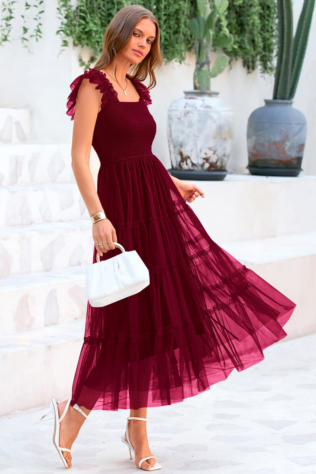 PRETTYGARDEN Women's Tulle Midi Dress Sleeveless Smocked Ruffle Mesh Flowy Dresses Party Wedding Guest Sundress