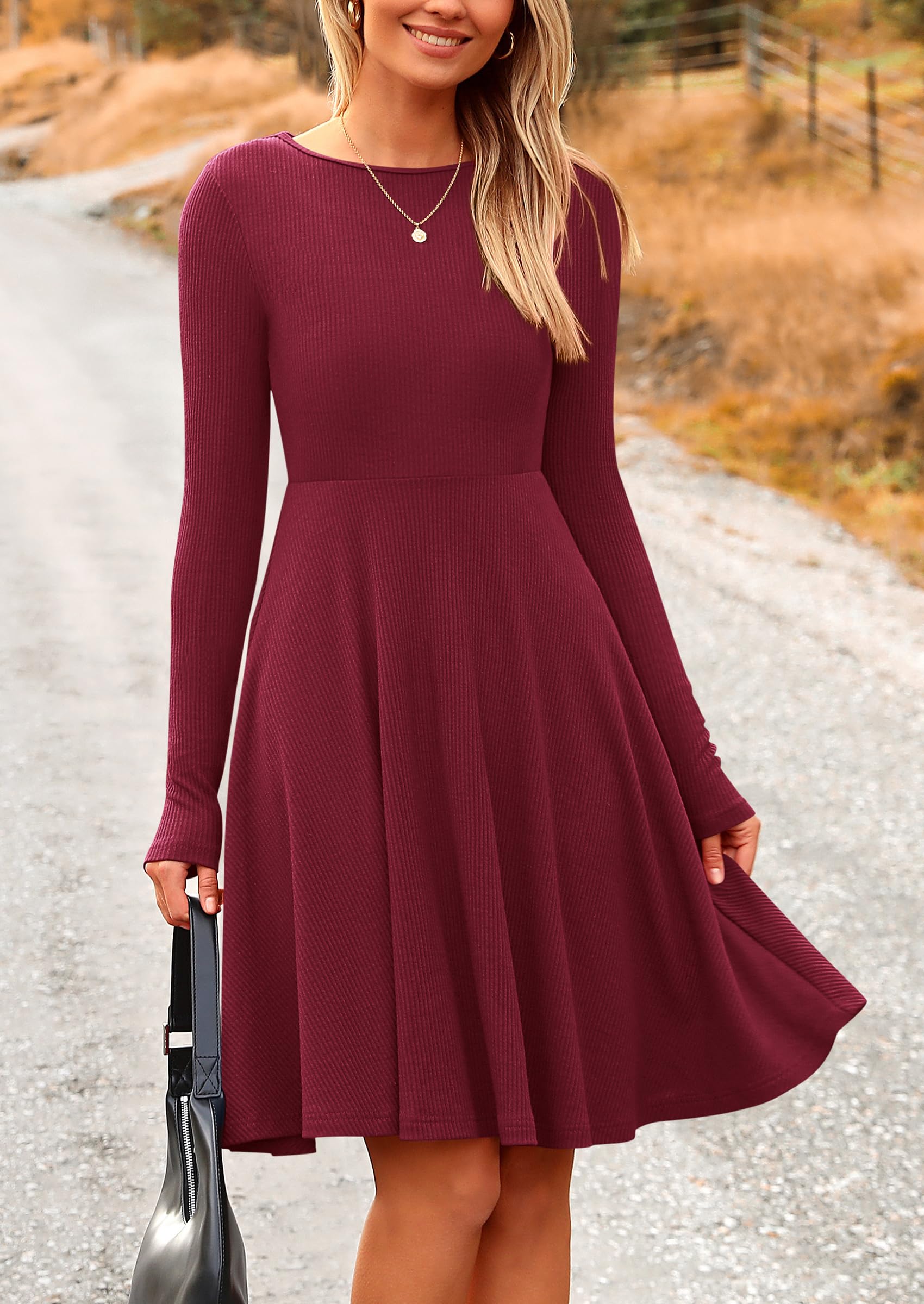 PRETTYGARDEN Women's Spring Fall Short Dress Ribbed Knit Crewneck Long Sleeve A Line Flowy Casual Elegant Going Out Dresses