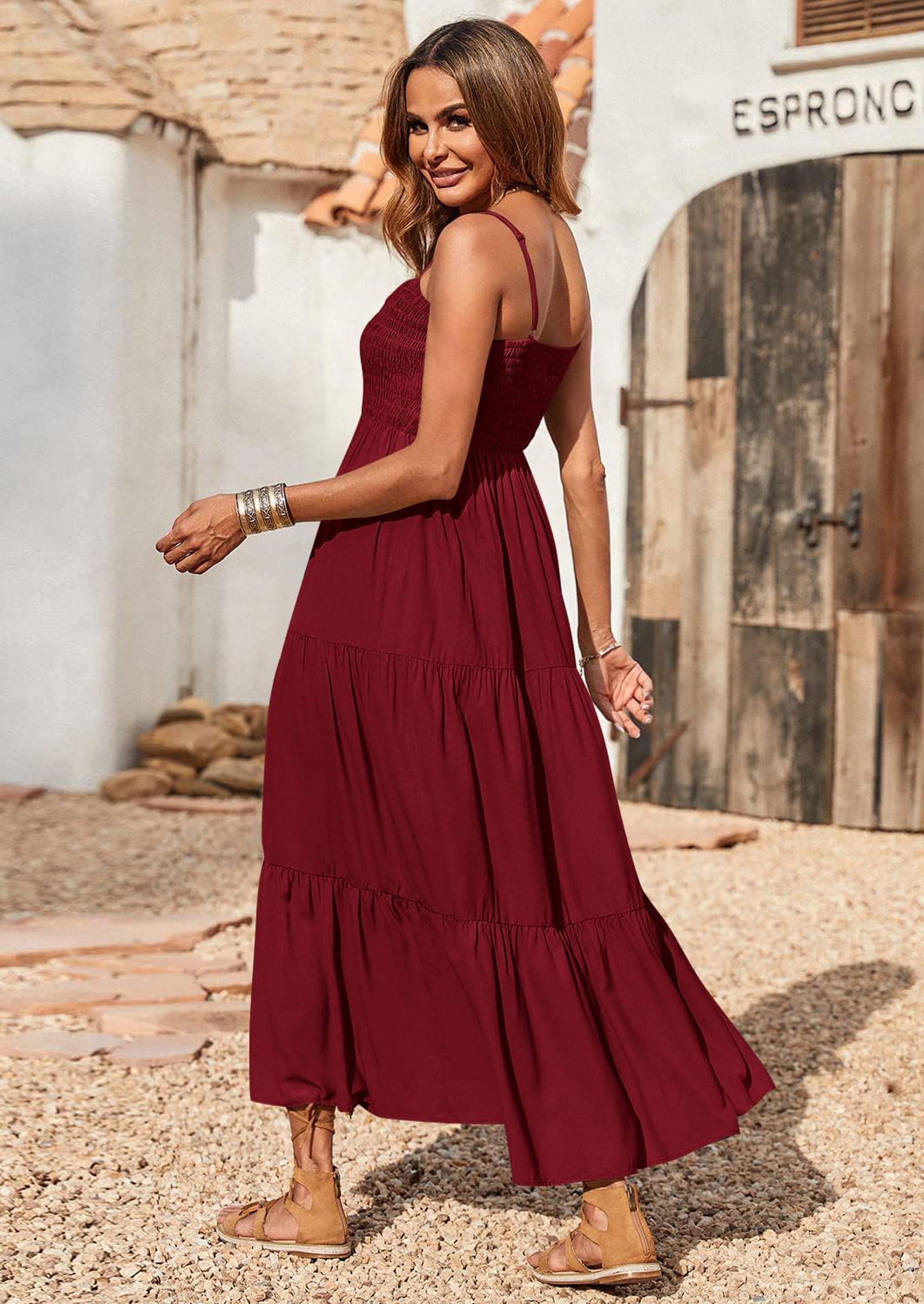 PRETTYGARDEN Women's Summer Maxi Dress Casual Boho Sleeveless Spaghetti Strap Smocked Tiered Long Beach Sundresses