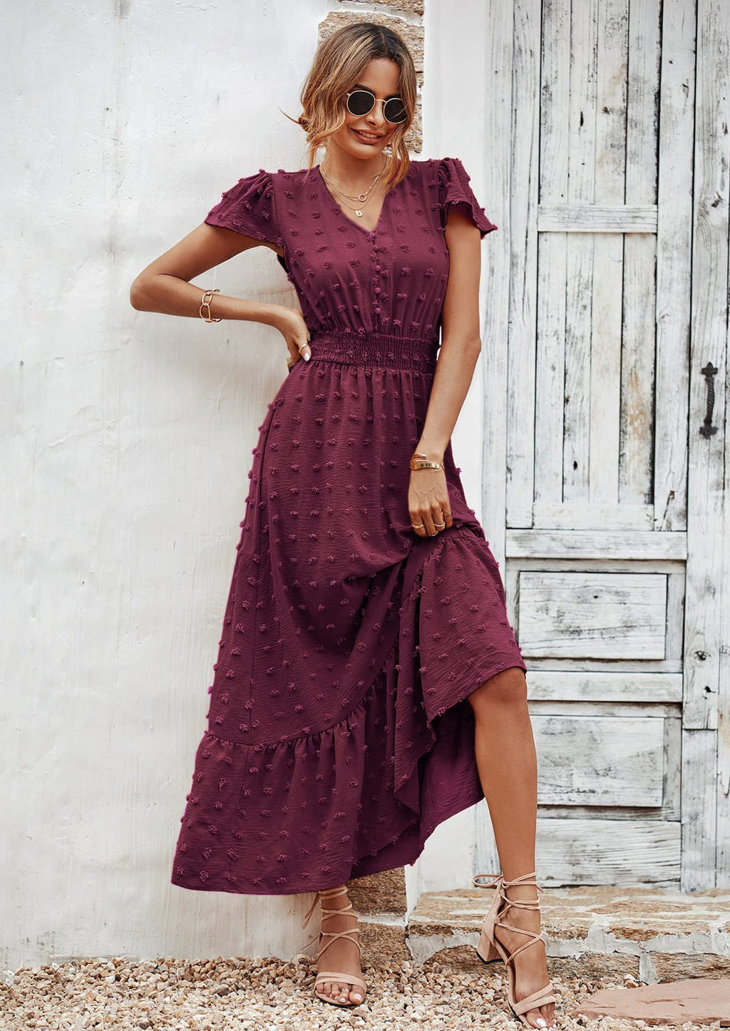 PRETTYGARDEN Womens Dresses Summer Maxi Dress Boho Short Sleeve V Neck Swiss Dot Ruffle Tiered Smocked Flowy Long Dress
