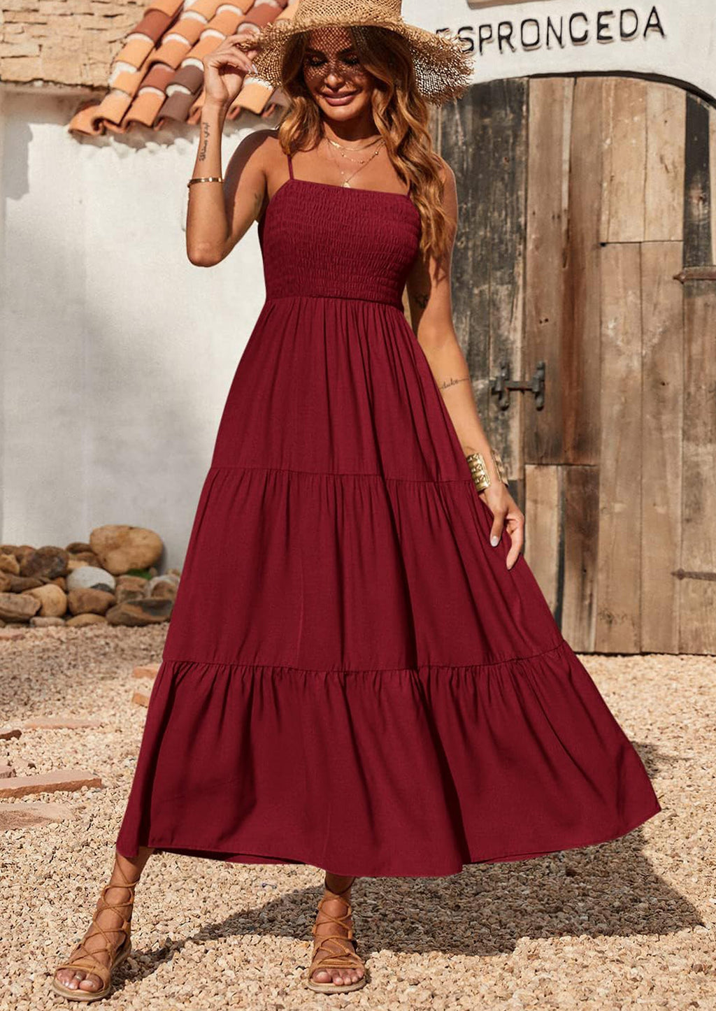 PRETTYGARDEN Women's Summer Maxi Dress Casual Boho Sleeveless Spaghetti Strap Smocked Tiered Long Beach Sundresses