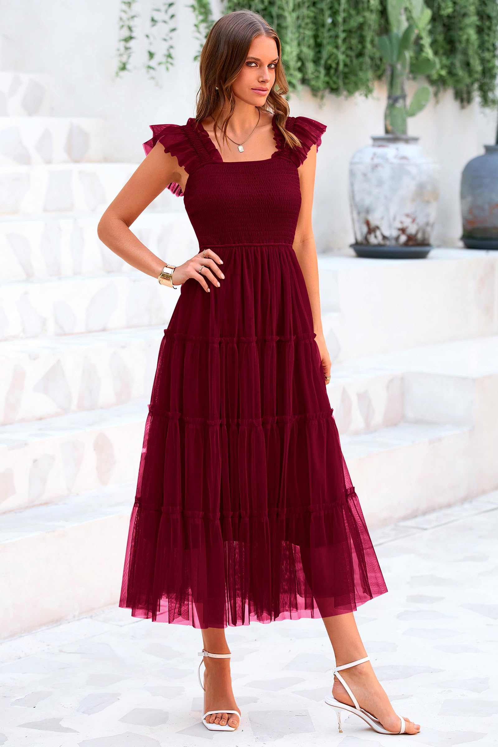 PRETTYGARDEN Women's Tulle Midi Dress Sleeveless Smocked Ruffle Mesh Flowy Dresses Party Wedding Guest Sundress
