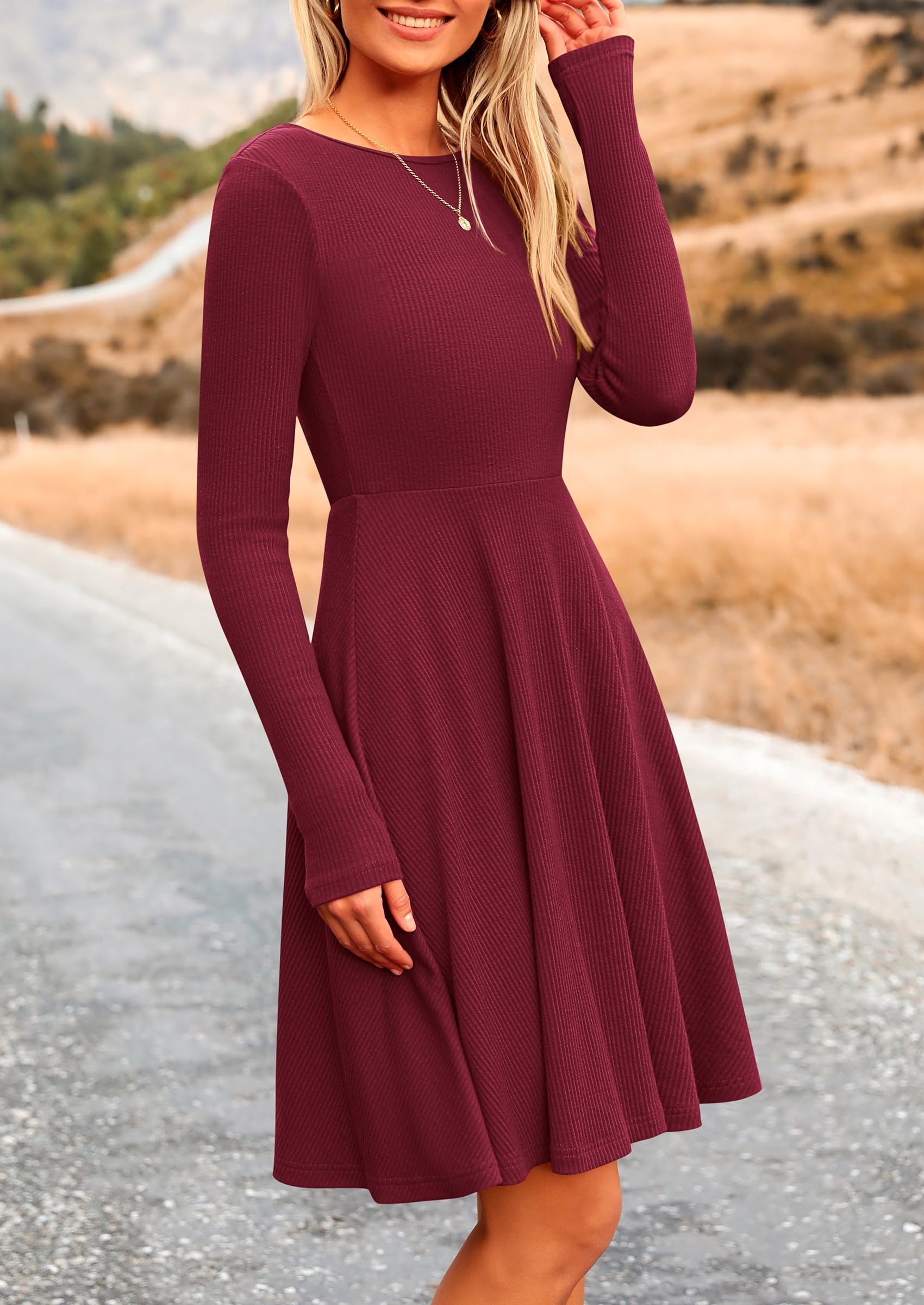 PRETTYGARDEN Women's Spring Fall Short Dress Ribbed Knit Crewneck Long Sleeve A Line Flowy Casual Elegant Going Out Dresses
