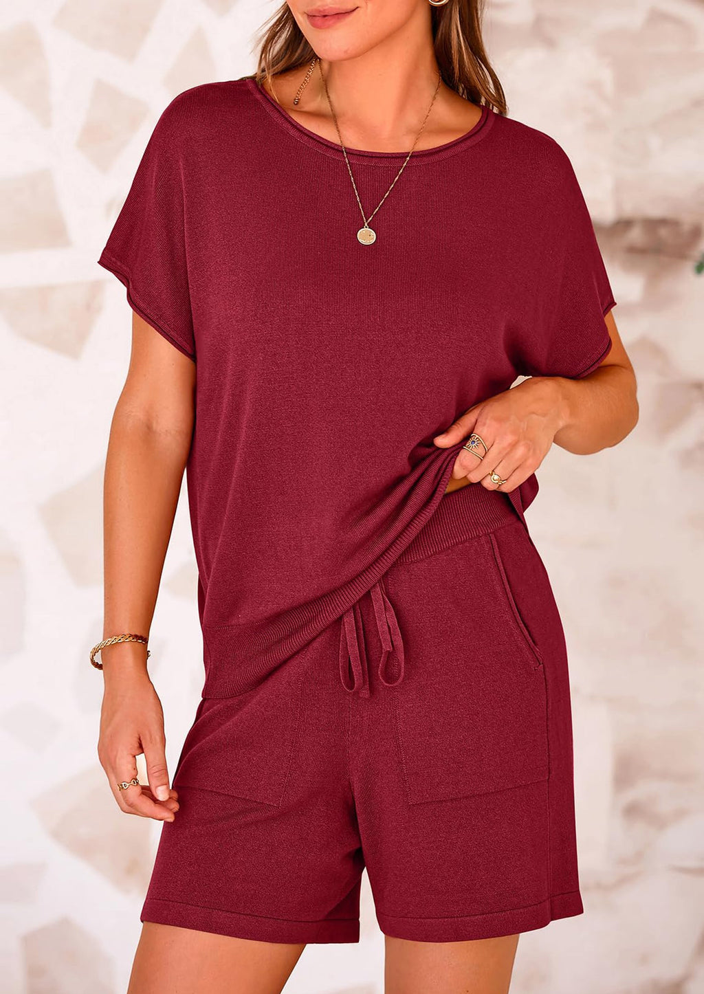 PRETTYGARDEN Two Piece Set for Women Summer Lounge Sets Shorts And Short Sleeve Tops Knitted Matching Travel Spring Outfits