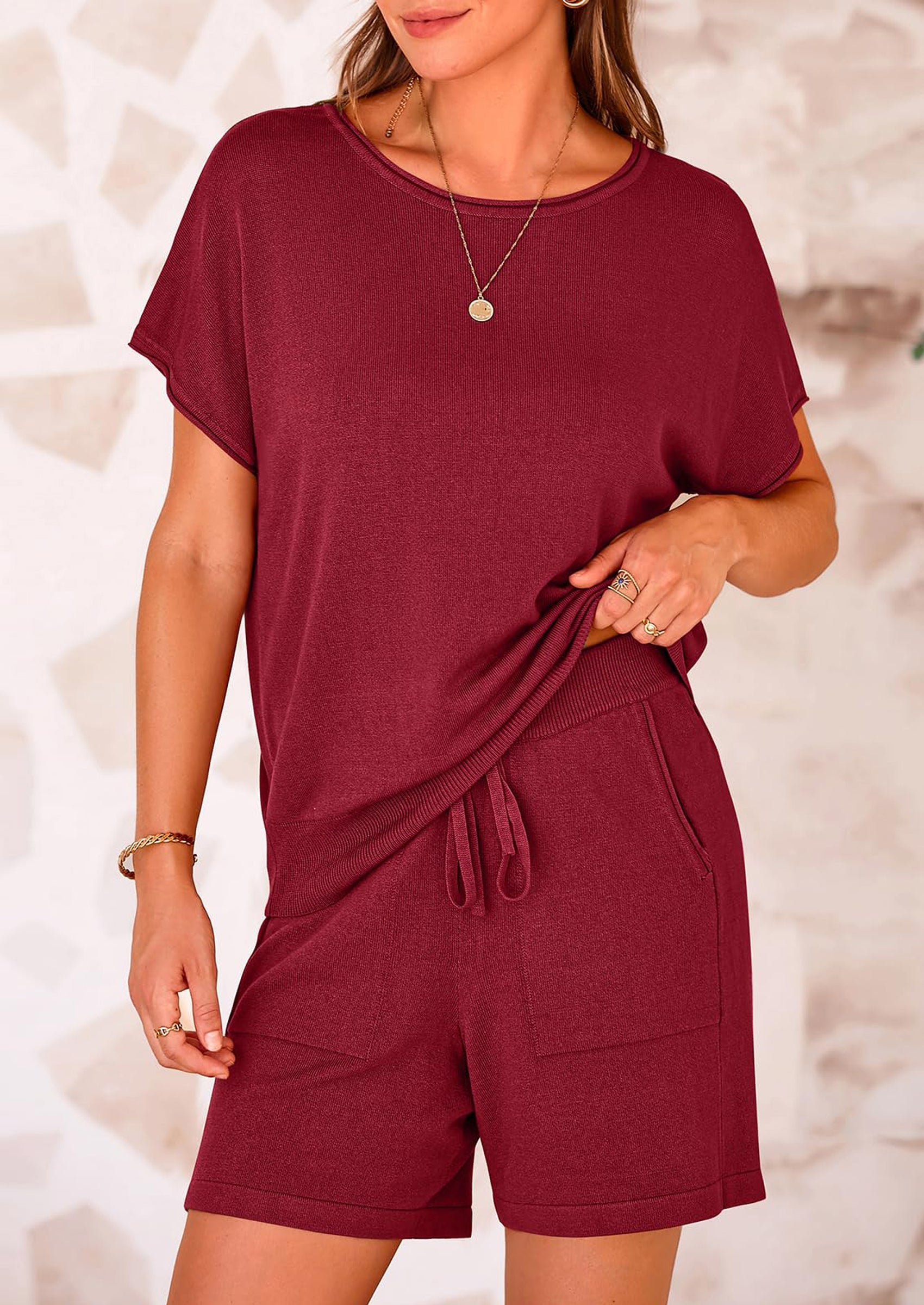 PRETTYGARDEN Two Piece Set for Women Summer Lounge Sets Shorts And Short Sleeve Tops Knitted Matching Travel Spring Outfits