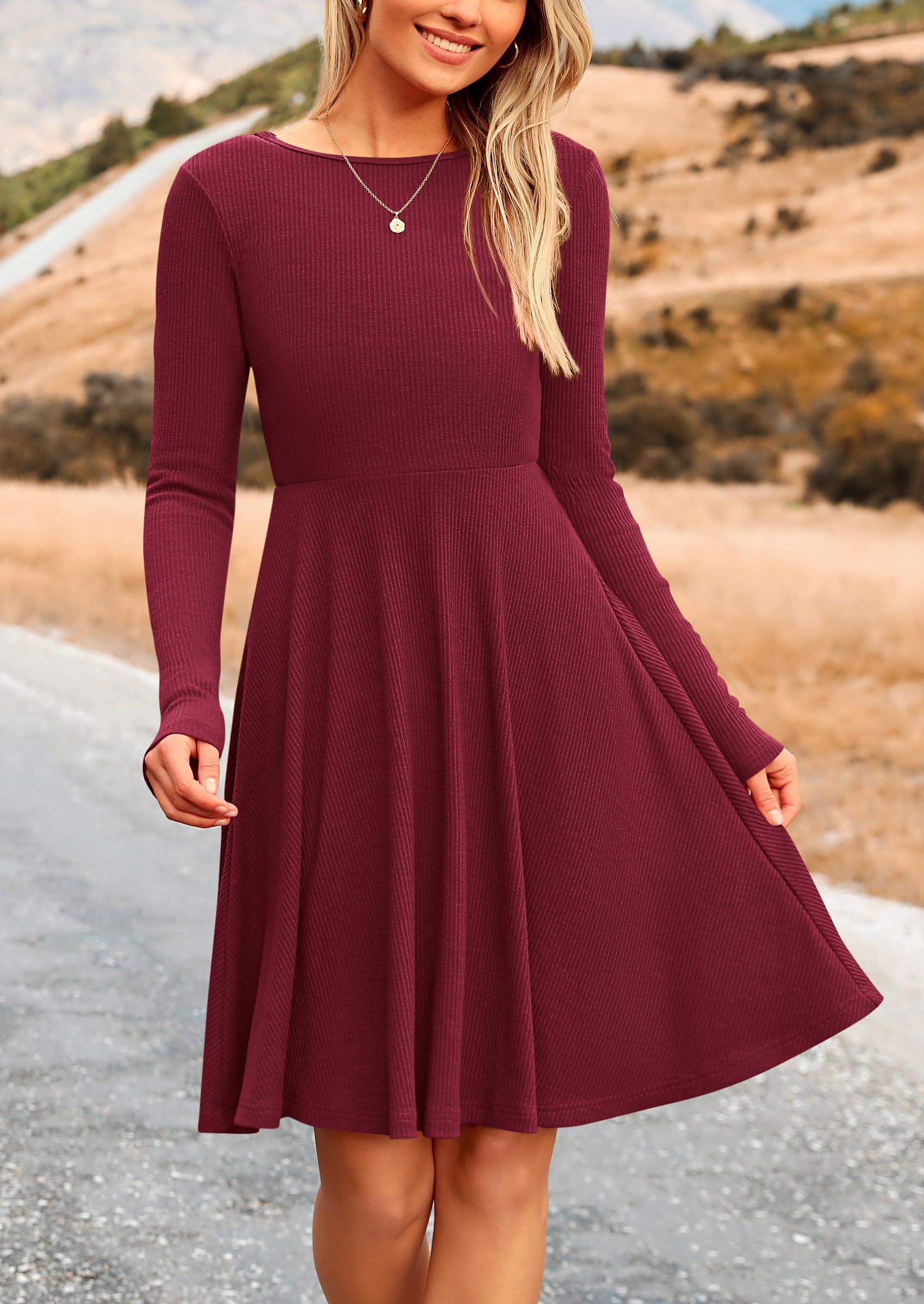 PRETTYGARDEN Women's Spring Fall Short Dress Ribbed Knit Crewneck Long Sleeve A Line Flowy Casual Elegant Going Out Dresses