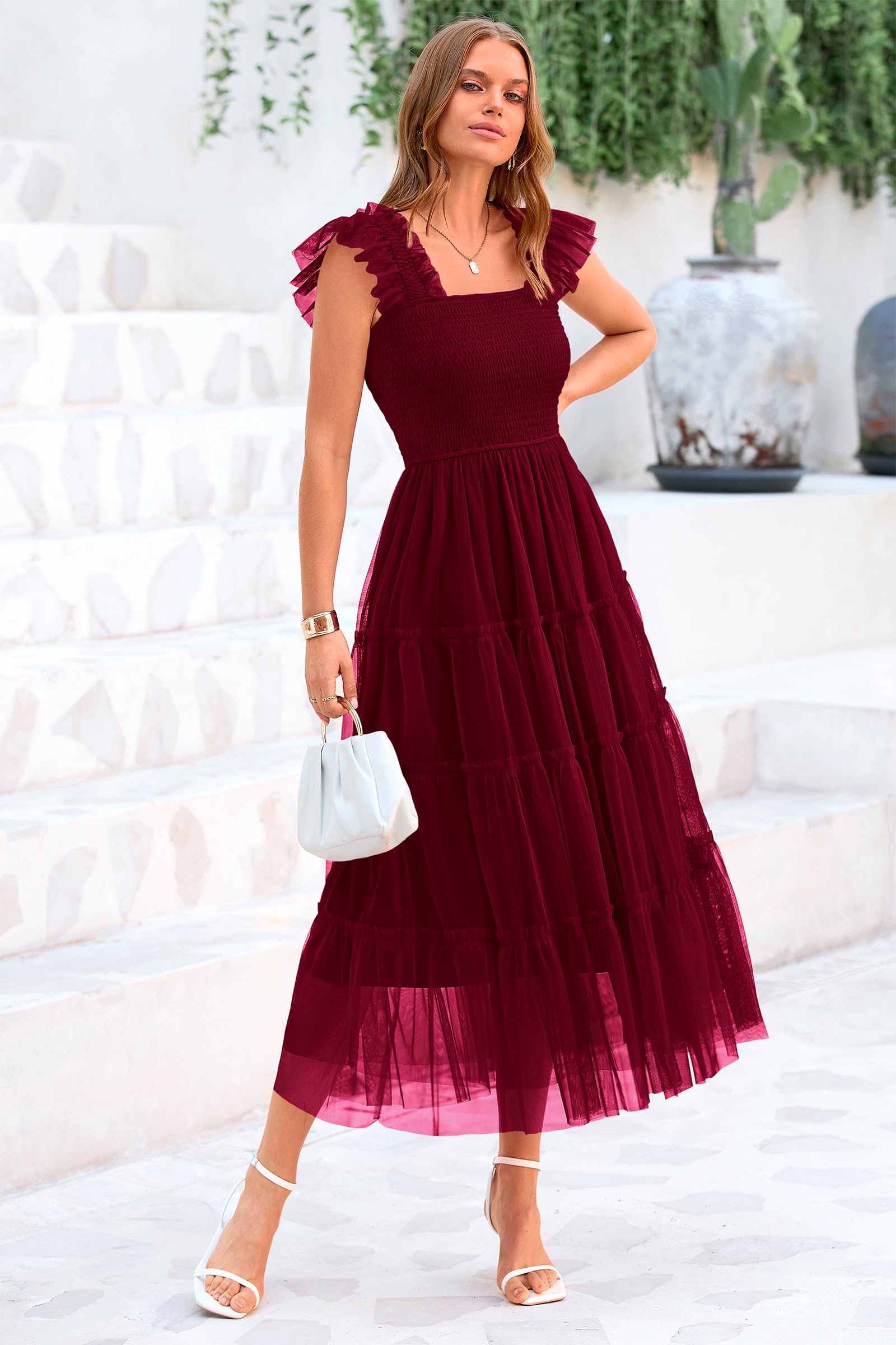PRETTYGARDEN Women's Tulle Midi Dress Sleeveless Smocked Ruffle Mesh Flowy Dresses Party Wedding Guest Sundress