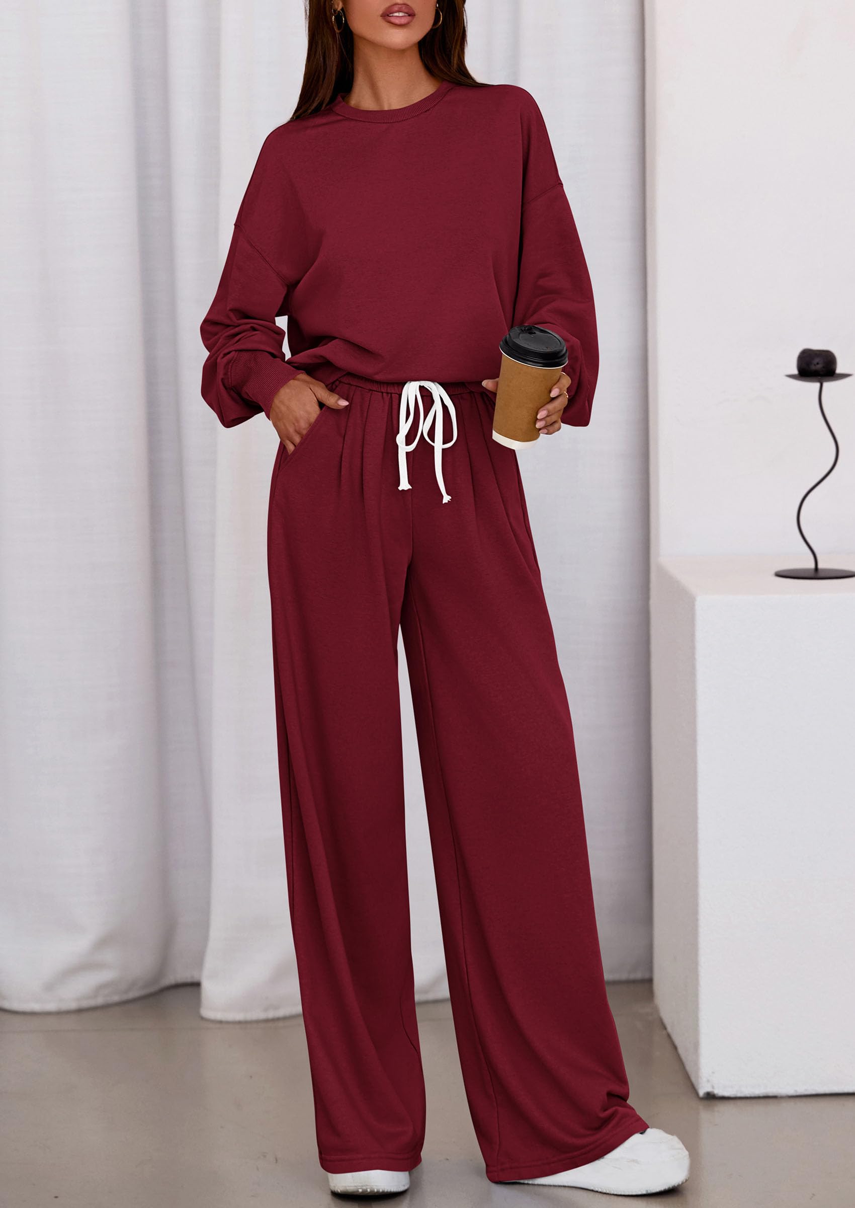 PRETTYGARDEN Womens 2 Piece Sets Long Sleeve Sweatshirt Wide Leg Pants Loose Matching Lounge Set Trendy Fall Outfits
