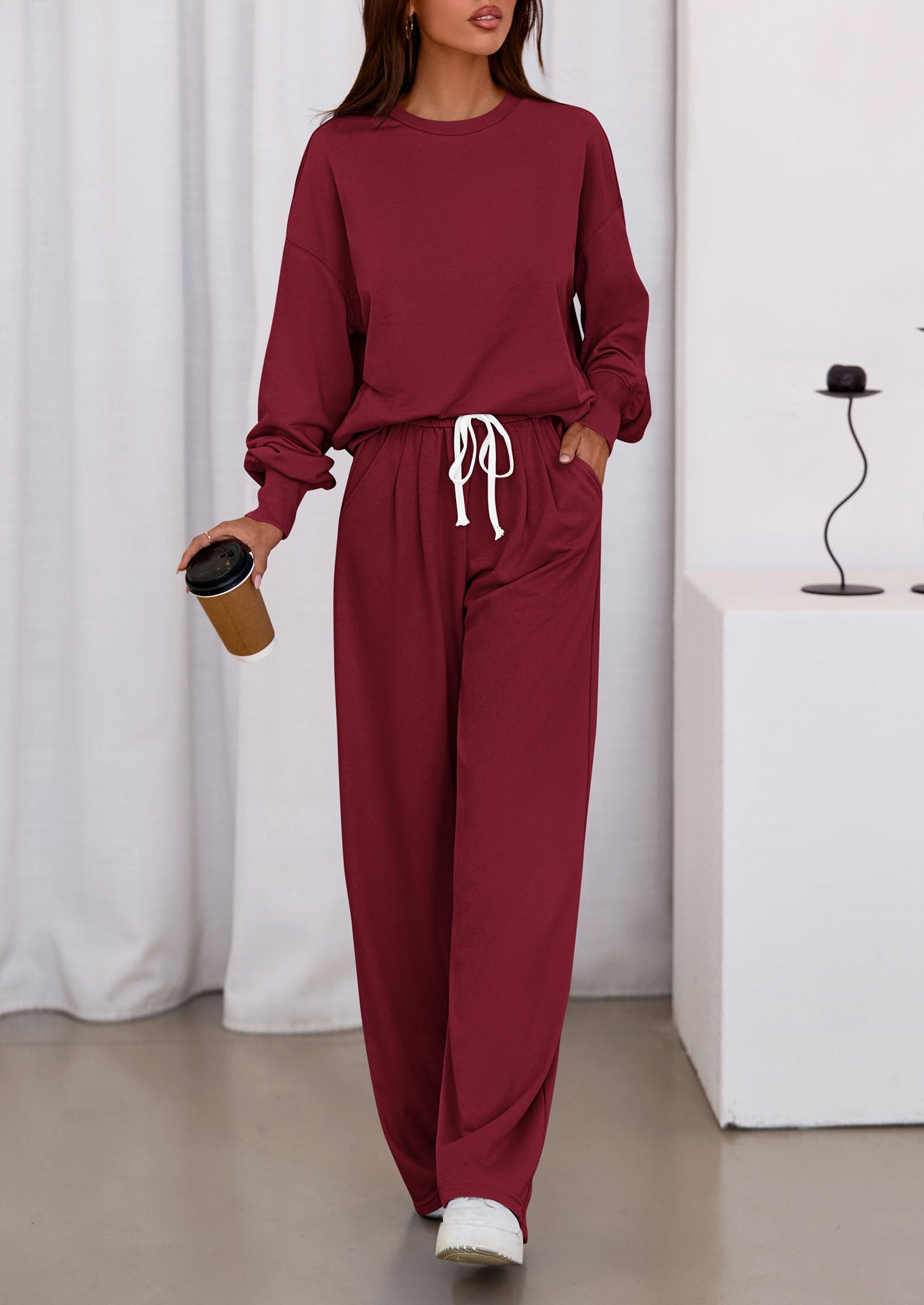 PRETTYGARDEN Womens 2 Piece Sets Long Sleeve Sweatshirt Wide Leg Pants Loose Matching Lounge Set Trendy Fall Outfits