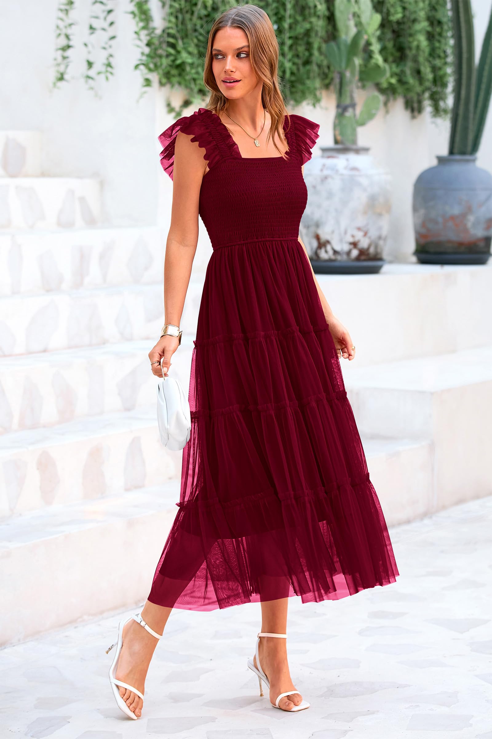 PRETTYGARDEN Women's Tulle Midi Dress Sleeveless Smocked Ruffle Mesh Flowy Dresses Party Wedding Guest Sundress