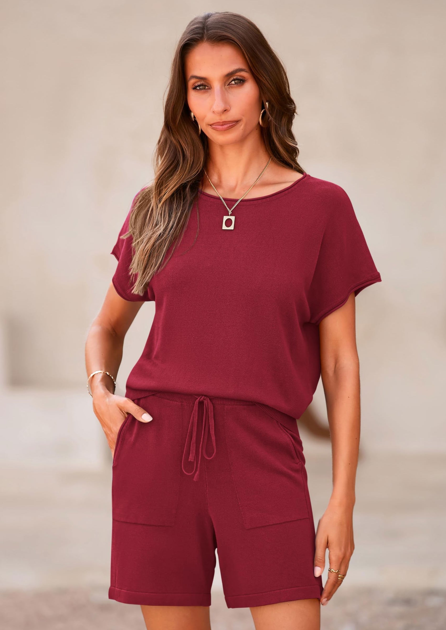 PRETTYGARDEN Two Piece Set for Women Summer Lounge Sets Shorts And Short Sleeve Tops Knitted Matching Travel Spring Outfits