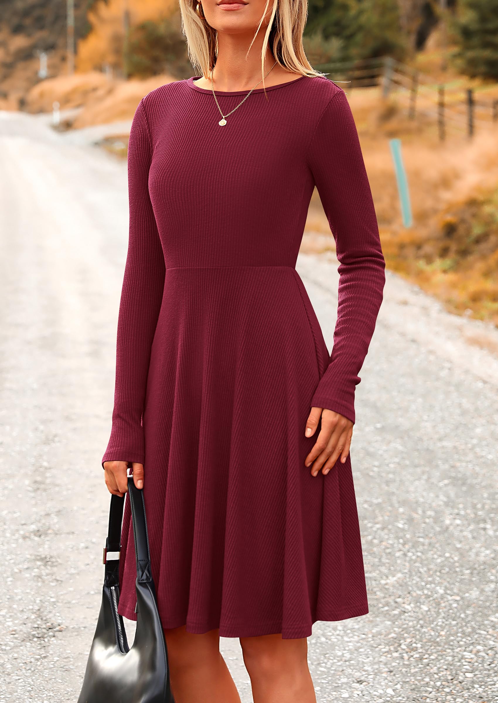PRETTYGARDEN Women's Spring Fall Short Dress Ribbed Knit Crewneck Long Sleeve A Line Flowy Casual Elegant Going Out Dresses