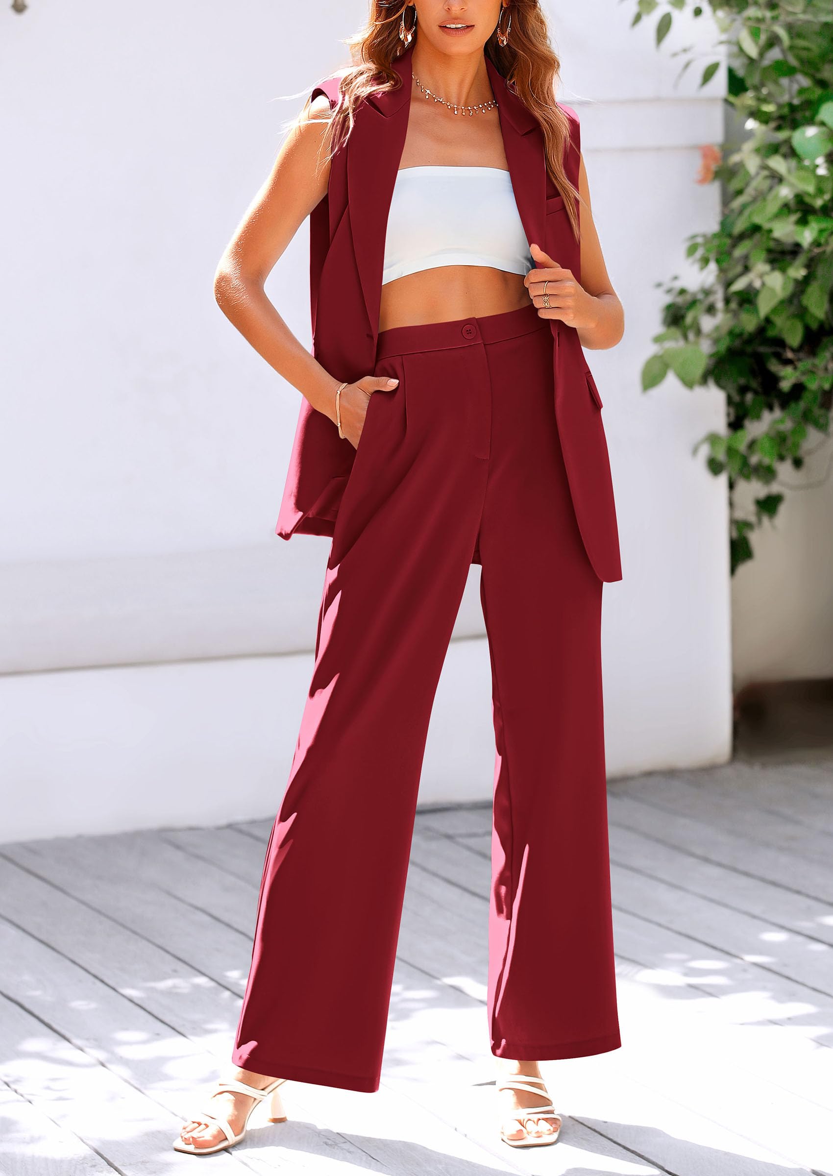 PRETTYGARDEN Women's 2 Piece Outfits Sleeveless Suit Vest and Wide Leg Pants Business Casual Blazer Sets