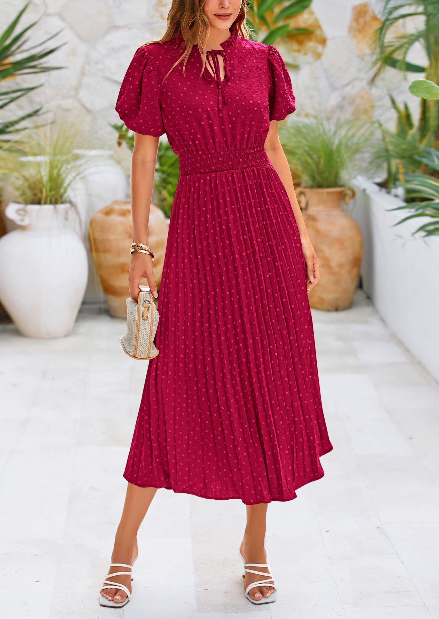 PRETTYGARDEN Womens Midi Dresses Puff Short Sleeve V Neck Swiss Dot Pleated A Line Flowy Long Wedding Guest Dress